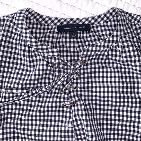 ✨2/$20✨ Classic TOMMY HILFIGER | Navy Gingham tie front top - Picture 1 of 10